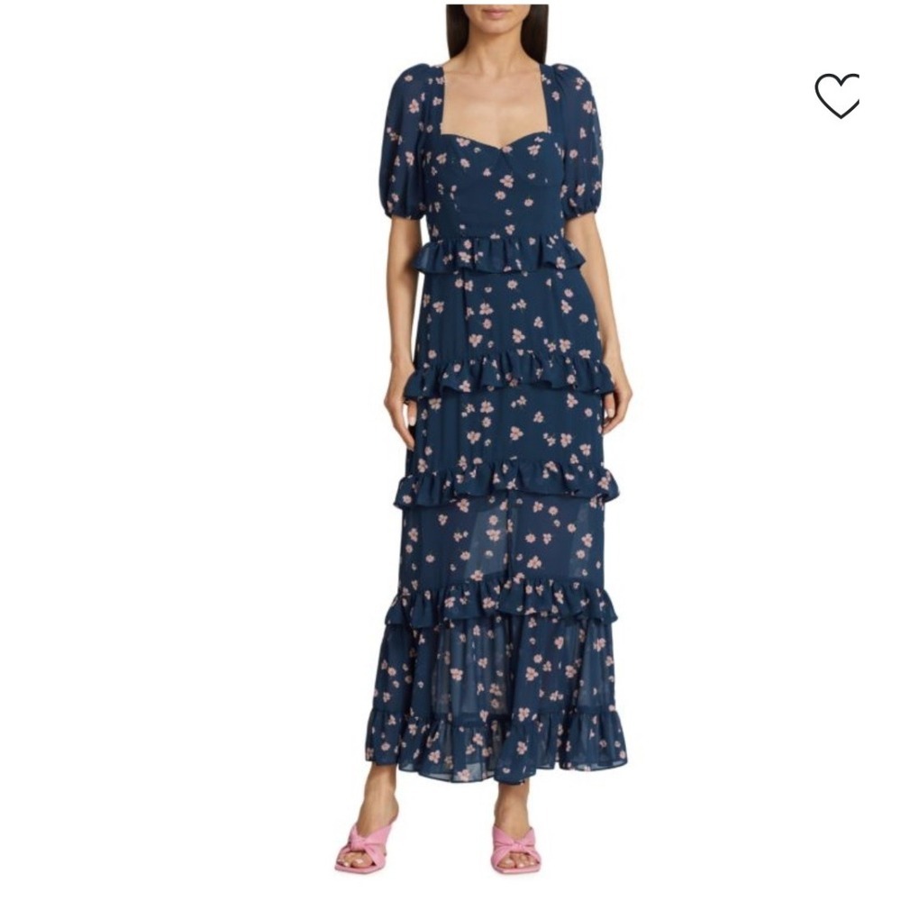 Wayf Navy Floral Ruffle Maxi Dress